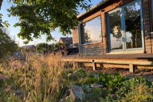 Hochwertig gestaltete Gartenanlage mit Terrasse und harmonischem Außenbereich.